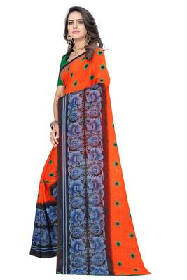 Orange printed georgette saree with blouse 2