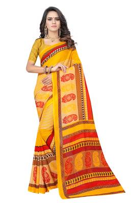 Yellow printed georgette saree with blouse 1