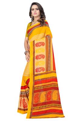 Yellow printed georgette saree with blouse 2