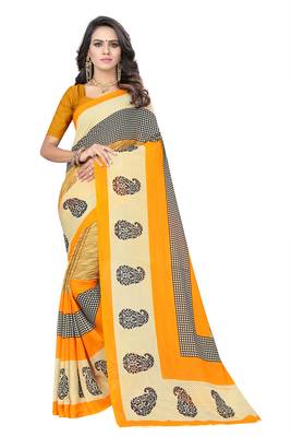 Yellow printed georgette saree with blouse 1