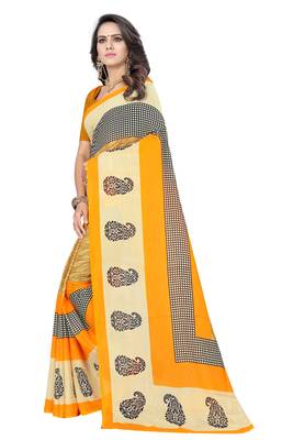 Yellow printed georgette saree with blouse 2