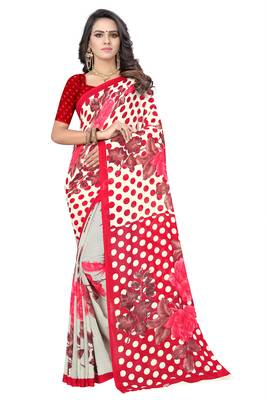 Pink printed georgette saree with blouse 1