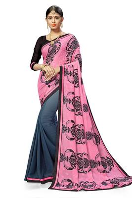 Pink printed georgette saree with blouse 1