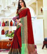 Maroon woven jacquard saree with blouse