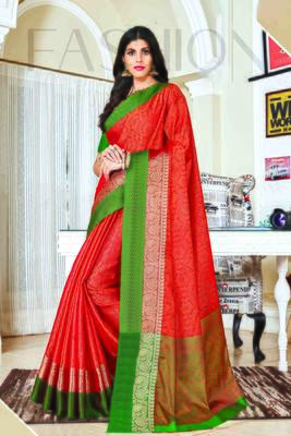 Orange woven jacquard saree with blouse 1