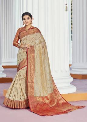 Beige woven jacquard saree with blouse 1