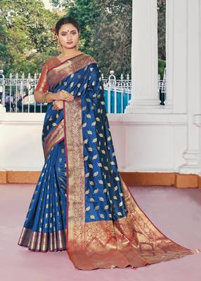Royal blue woven jacquard saree with blouse 1