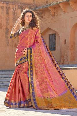 Pink woven silk saree with blouse 1