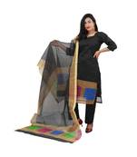 Black Kota Doria Cotton Aqinprint Dress Material With Bottom