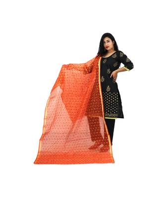 Black Orange Kota Doria Cotton Contras Print Dress Material With Bottom 1