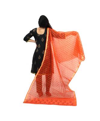 Black Orange Kota Doria Cotton Contras Print Dress Material With Bottom 2