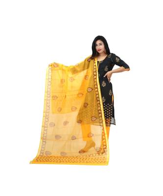 Black Yellow Kota Doria Cotton Contras Print Dress Material With Bottom 1