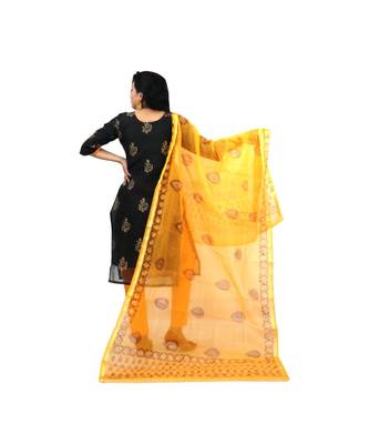 Black Yellow Kota Doria Cotton Contras Print Dress Material With Bottom 2