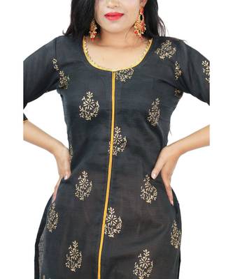 Black Yellow Kota Doria Cotton Contras Print Dress Material With Bottom 4