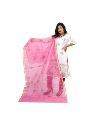 White Pink Kota Doria Cotton Contras Print Dress Material With Bottom 1