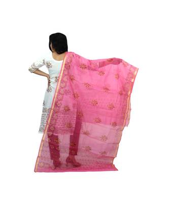White Pink Kota Doria Cotton Contras Print Dress Material With Bottom 2