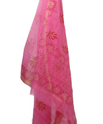 White Pink Kota Doria Cotton Contras Print Dress Material With Bottom 3
