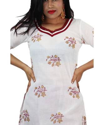 White Pink Kota Doria Cotton Contras Print Dress Material With Bottom 4