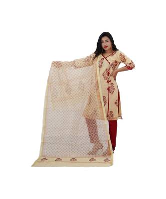 Cream Kota Doria Cotton Printed Dress Material With Bottom 1