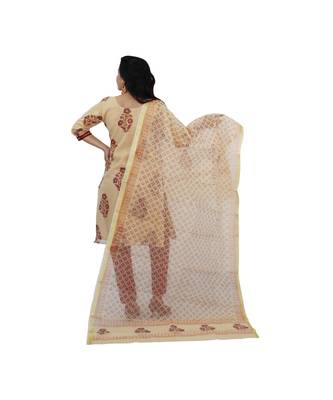 Cream Kota Doria Cotton Printed Dress Material With Bottom 2
