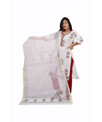 White Kota Doria Cotton Printed Dress Material With Bottom 1