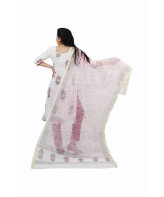 White Kota Doria Cotton Printed Dress Material With Bottom 2