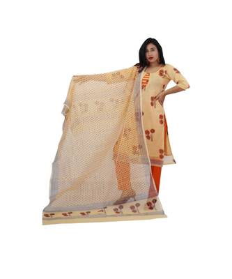 Light Yellow Kota Doria Cotton Printed Dress Material With Bottom 1