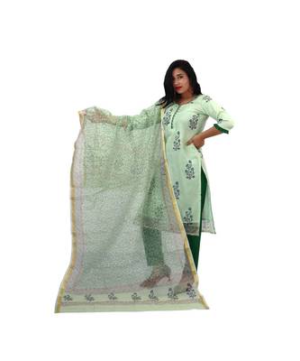 Pista Green Kota Doria Cotton Printed Dress Material With Bottom 1