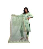 Pista Green Kota Doria Cotton Printed Dress Material With Bottom