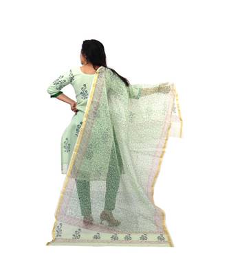 Pista Green Kota Doria Cotton Printed Dress Material With Bottom 2