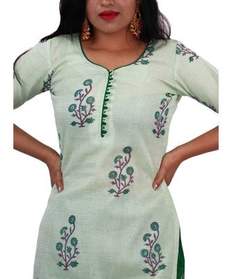 Pista Green Kota Doria Cotton Printed Dress Material With Bottom 4