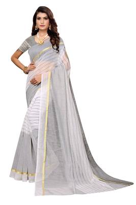 White Striped Print Cotton Saree With Blouse 1