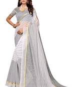 White Striped Print Cotton Saree With Blouse