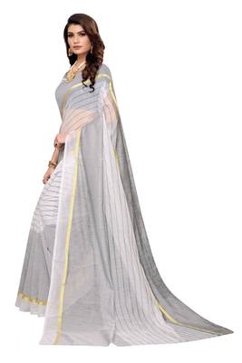 White Striped Print Cotton Saree With Blouse 2