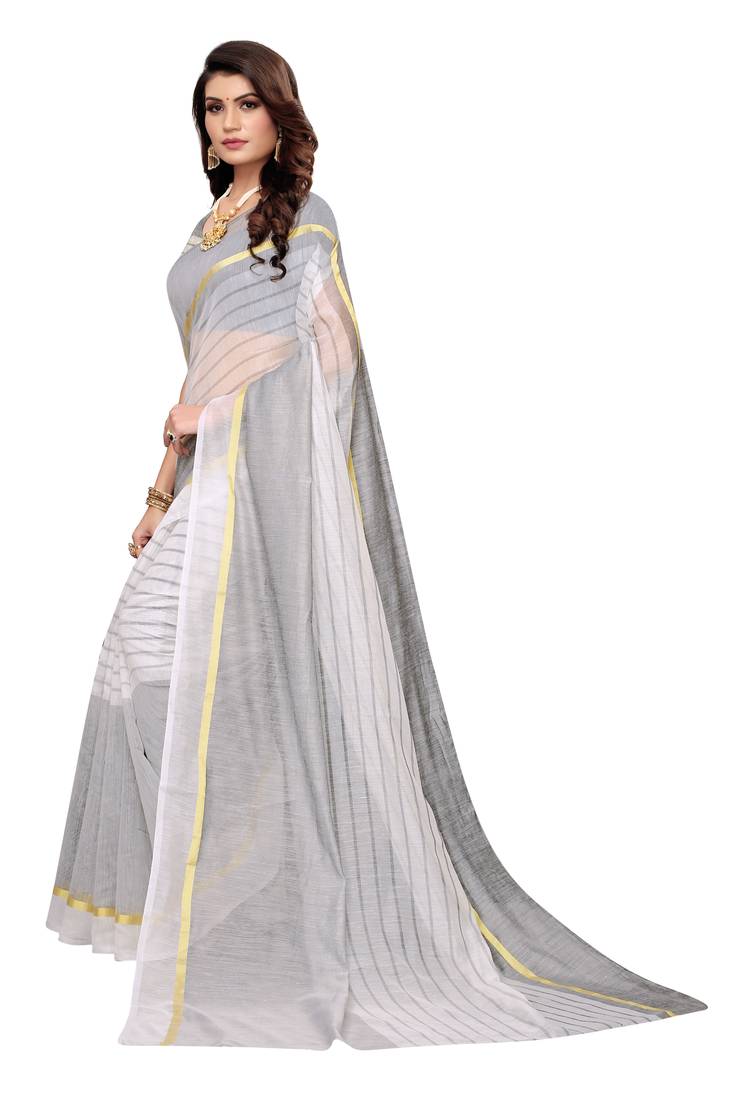 White Striped Print Cotton Saree With Blouse