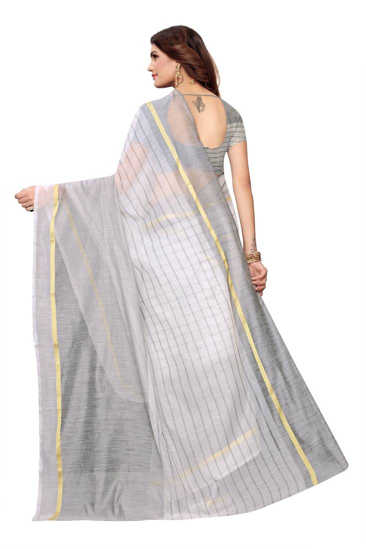 White Striped Print Cotton Saree With Blouse