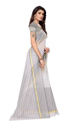 White Striped Print Cotton Saree With Blouse 4