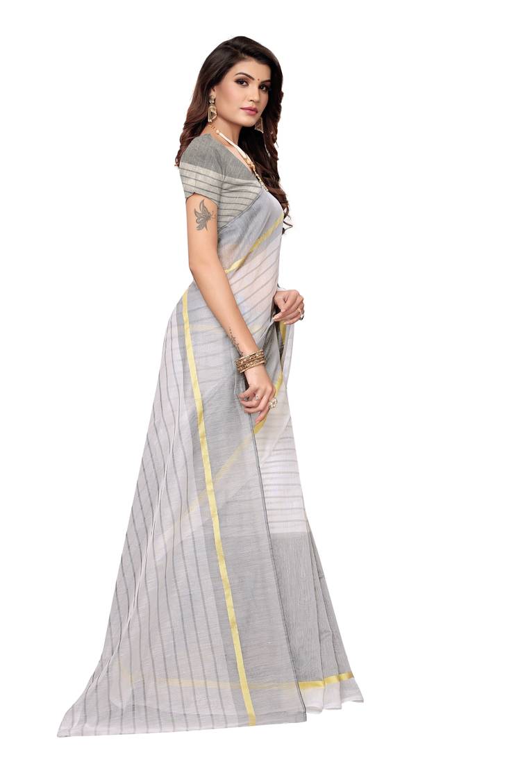 White Striped Print Cotton Saree With Blouse