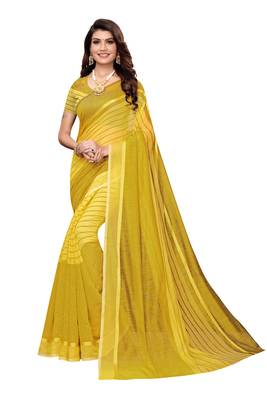 Yellow Striped Print Cotton Saree With Blouse 1