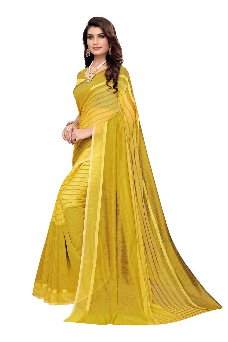 Yellow Striped Print Cotton Saree With Blouse