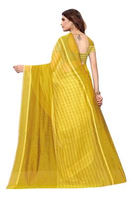 Yellow Striped Print Cotton Saree With Blouse 3