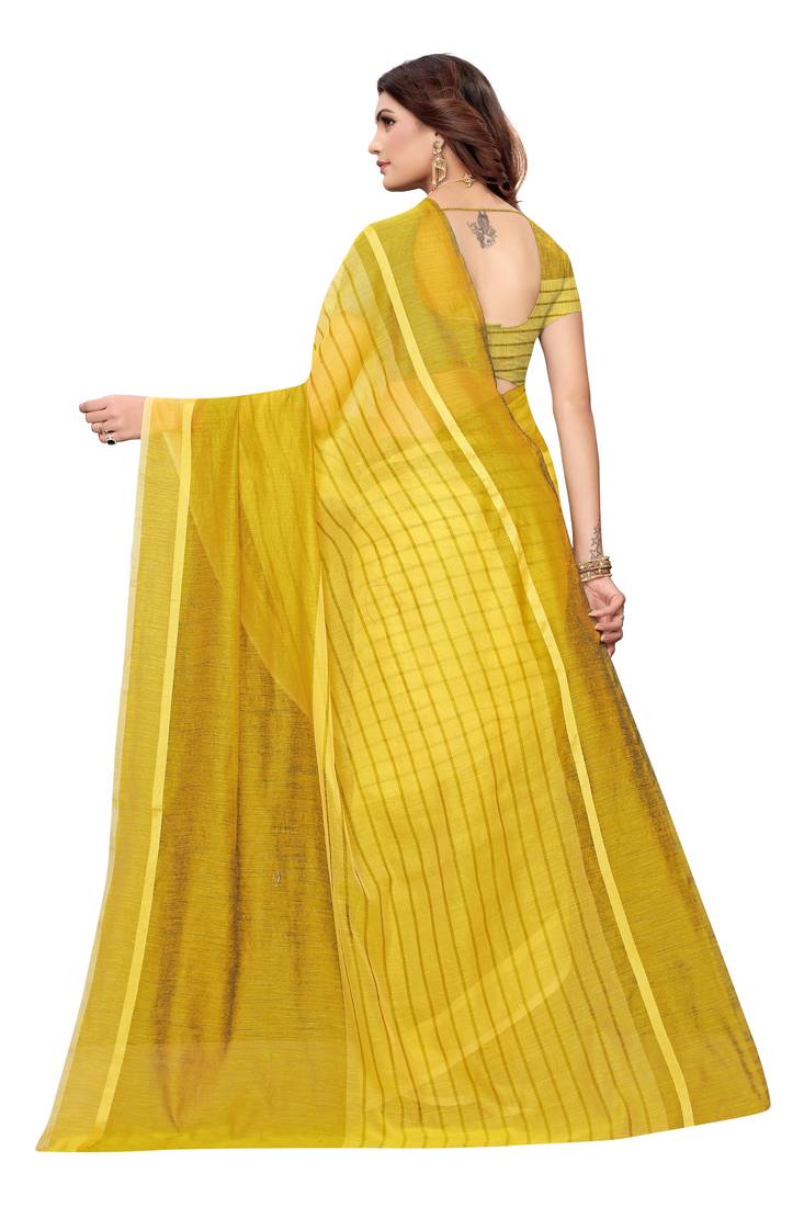 Yellow Striped Print Cotton Saree With Blouse