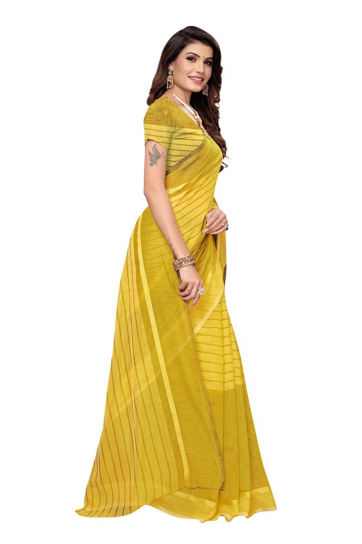 Yellow Striped Print Cotton Saree With Blouse