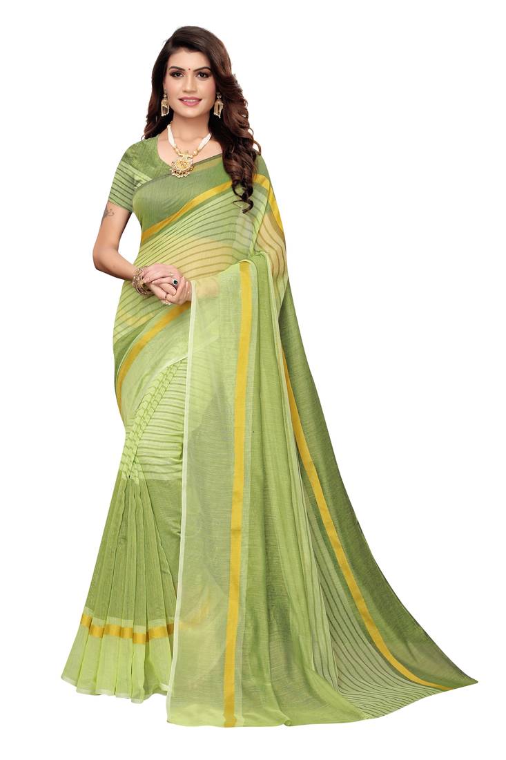 Pista Green Striped Print Cotton Saree With Blouse