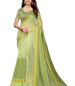 Pista Green Striped Print Cotton Saree With Blouse