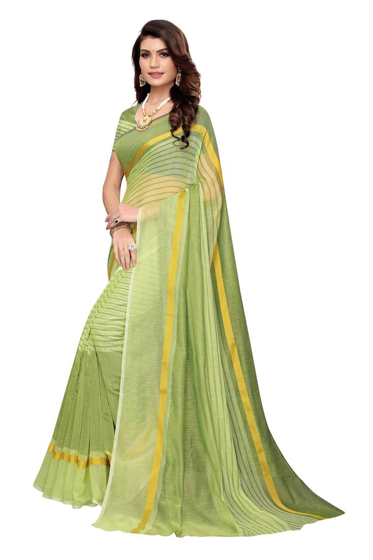 Pista Green Striped Print Cotton Saree With Blouse