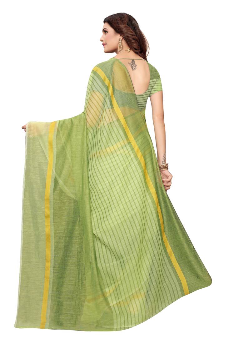 Pista Green Striped Print Cotton Saree With Blouse