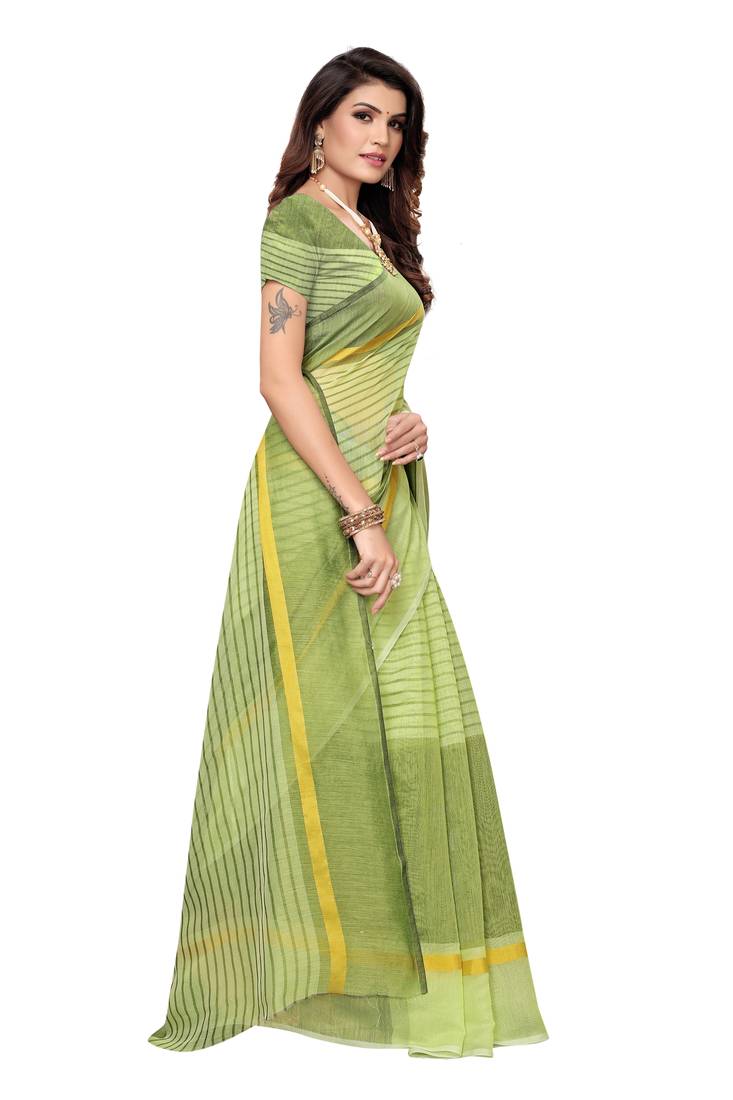 Pista Green Striped Print Cotton Saree With Blouse