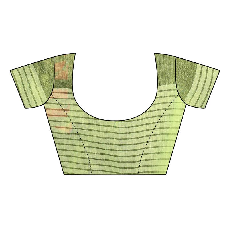 Pista Green Striped Print Cotton Saree With Blouse
