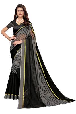 Grey Striped Print Cotton Saree With Blouse 1